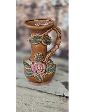 Vintange Ceramic vase w/handle & floral decoration style Italian Capodimonte